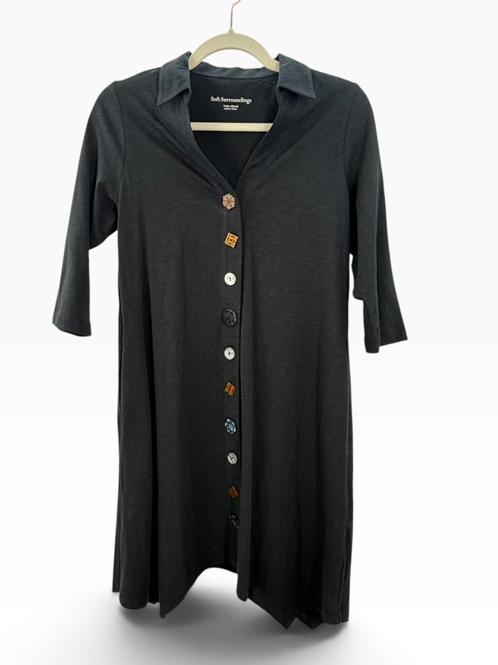 Soft Surroundings Danielle Tunic PXS Black Cotton Mixed Button 3/4 Sleeve